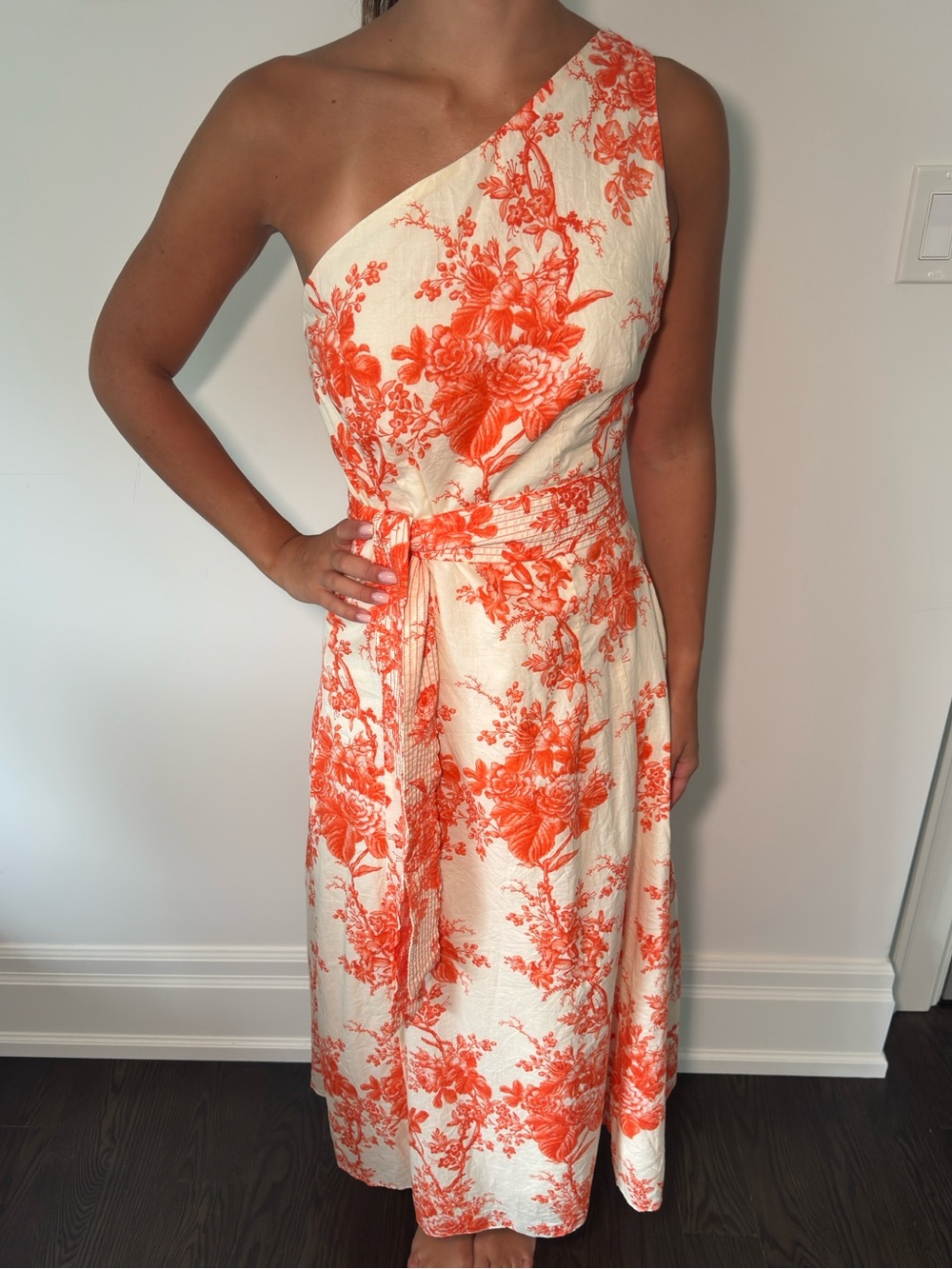 Zara One-Shoulder Floral Midi Dress in Orange and Cream